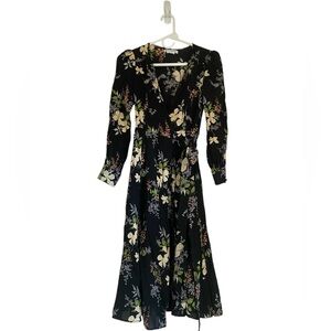Reformation Susanna Black Floral Long Sleeve Midi Wrap Dress in Isabella XS